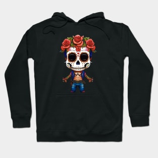 Sugar Skull Art - Chibi Boy with Red Roses in Hair and Flower Petal Fingers Hoodie